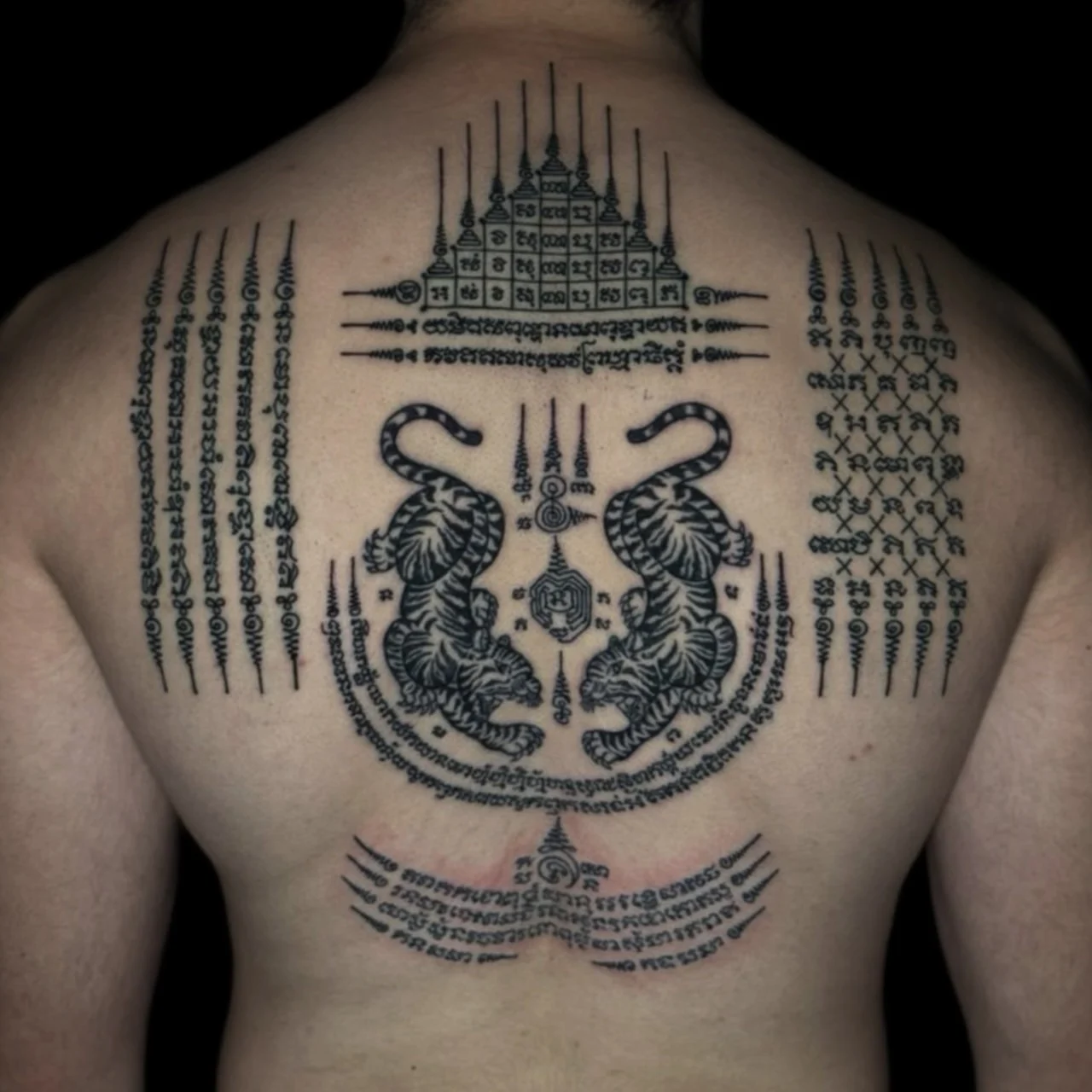 Traditional Sak Yant back piece with Gao Yord nine spires, Suea Koo twin tigers, and Hah Taew script columns at Bloodline Tattoo Bangkok.