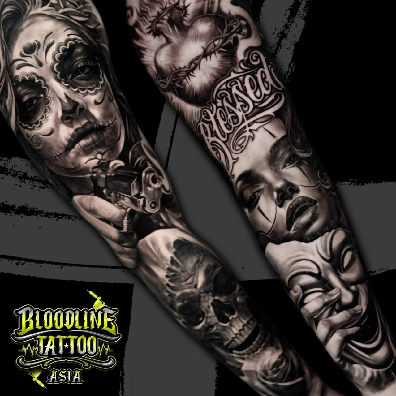 Detailed black and grey Chicano sleeves with La Catrina, a revolver, skull and rose, Sacred Heart, Blessed script, payasa girl, and cry-later mask at Bloodline Tattoo Bangkok.