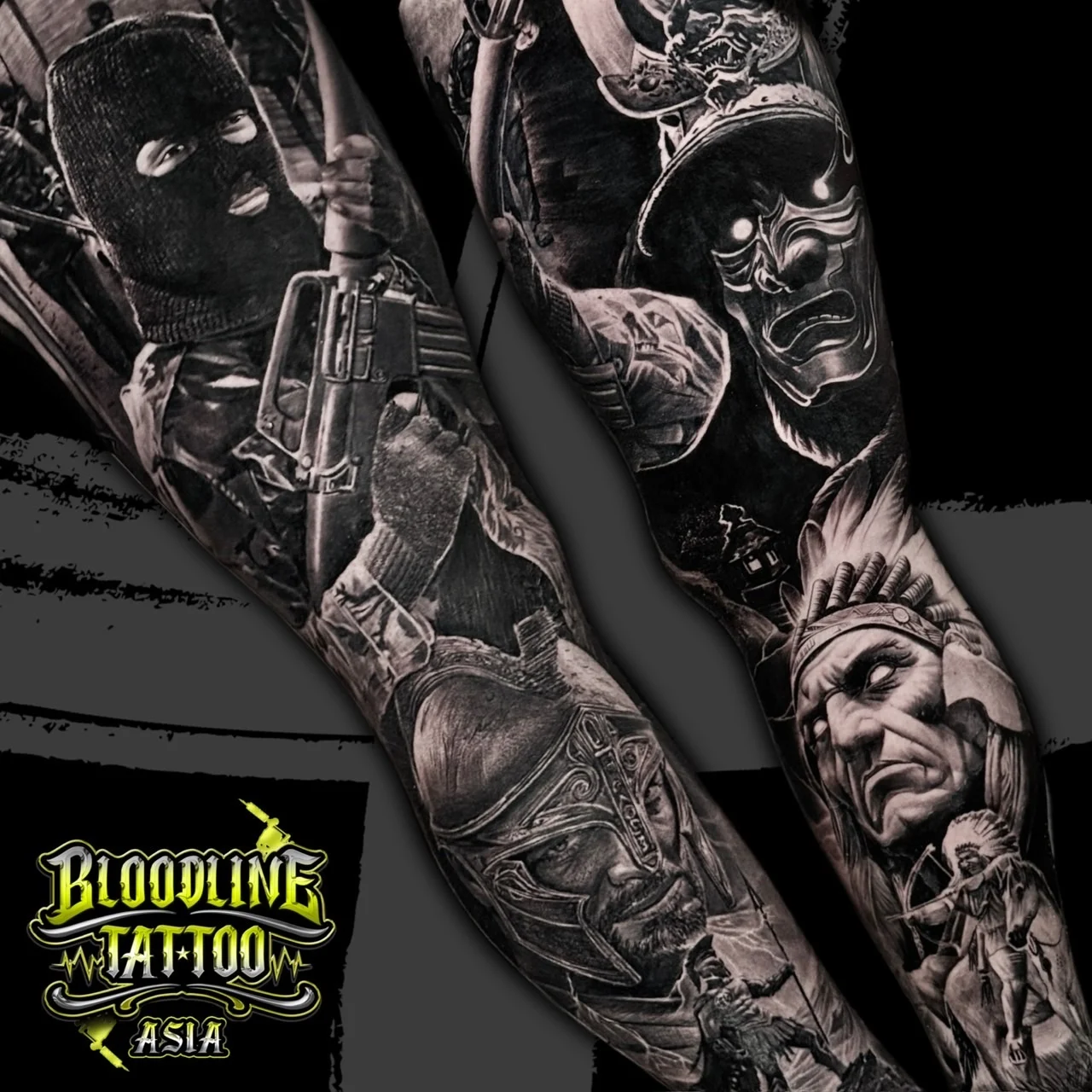 High-contrast black and grey realism sleeve tattoo featuring a masked gunman with a rifle, ancient warrior portrait, samurai mask, and Native American chief at Bloodline Tattoo Bangkok.