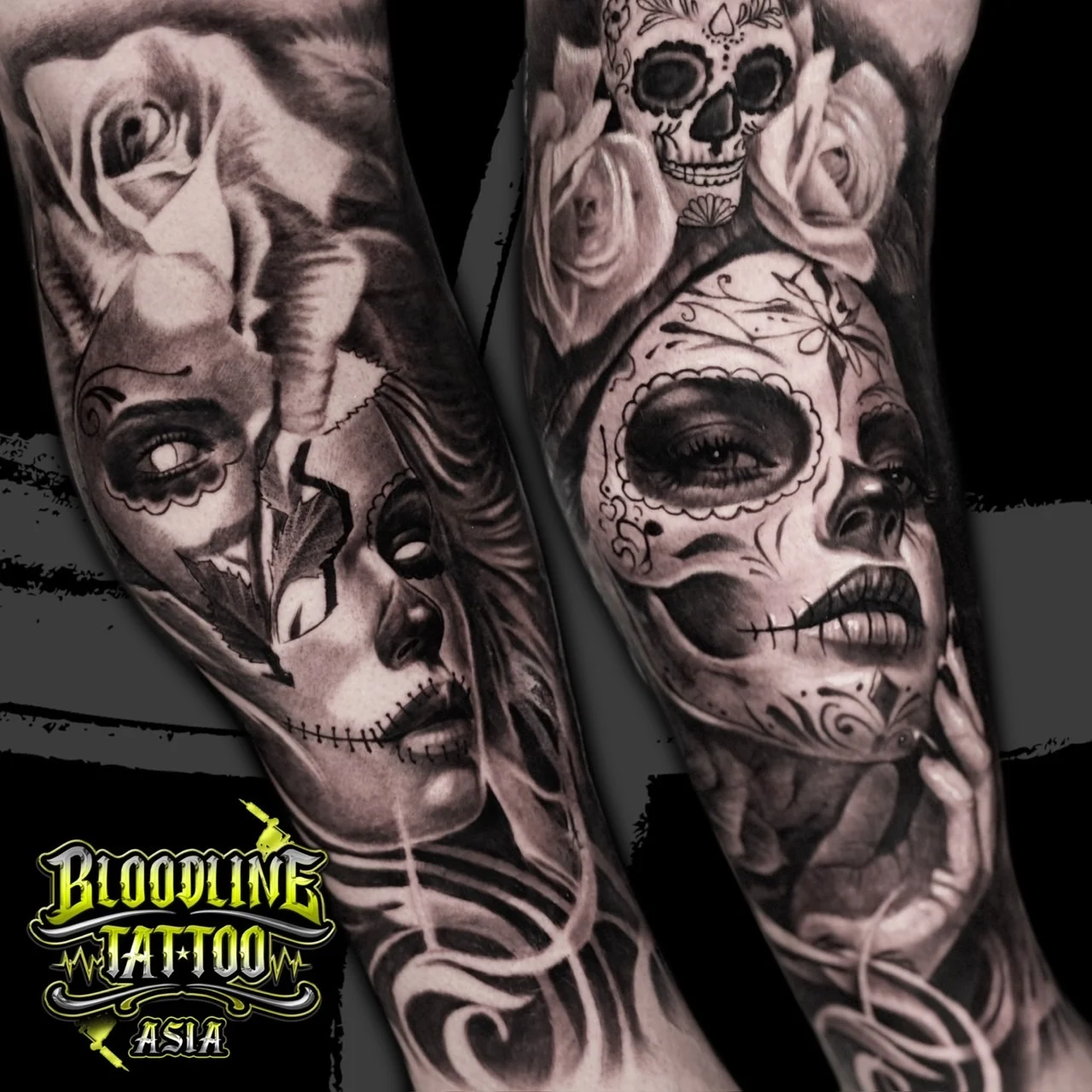 Black and grey Chicano tattoo featuring twin La Catrina payasa portraits with sugar-skull makeup, roses, and fine-line realism shading at Bloodline Tattoo Bangkok.