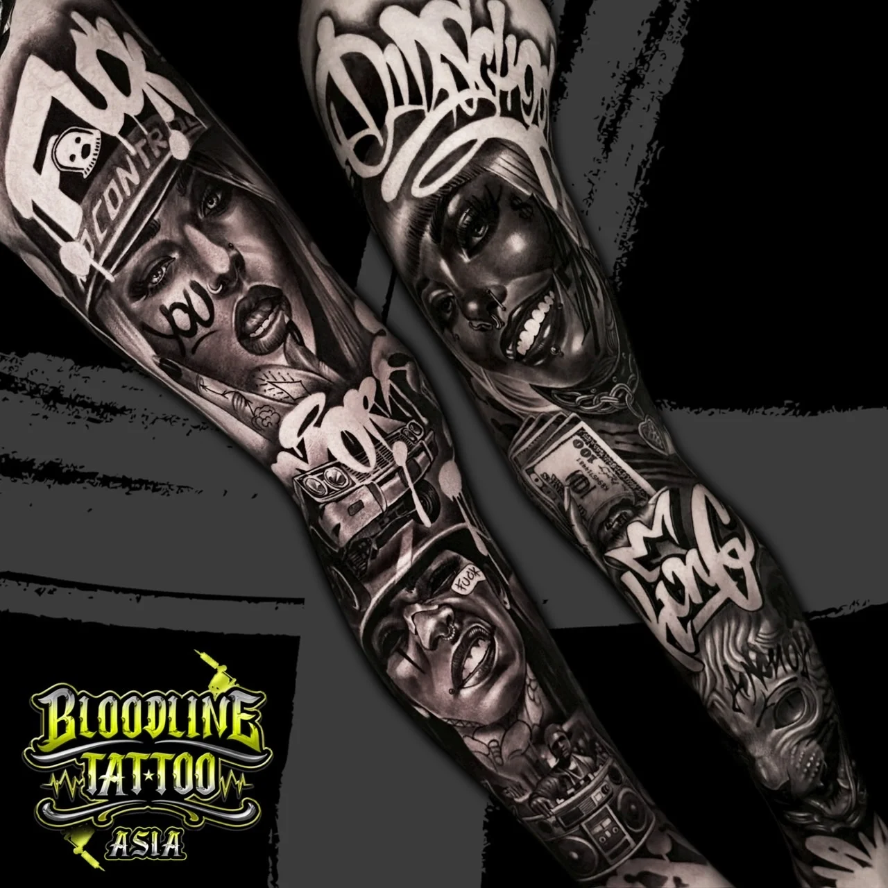 Detailed black and grey Chicano sleeve collage with urban portraits, graffiti script, a lowrider car, rolled hundred-dollar bills, and street motifs at Bloodline Tattoo Bangkok.