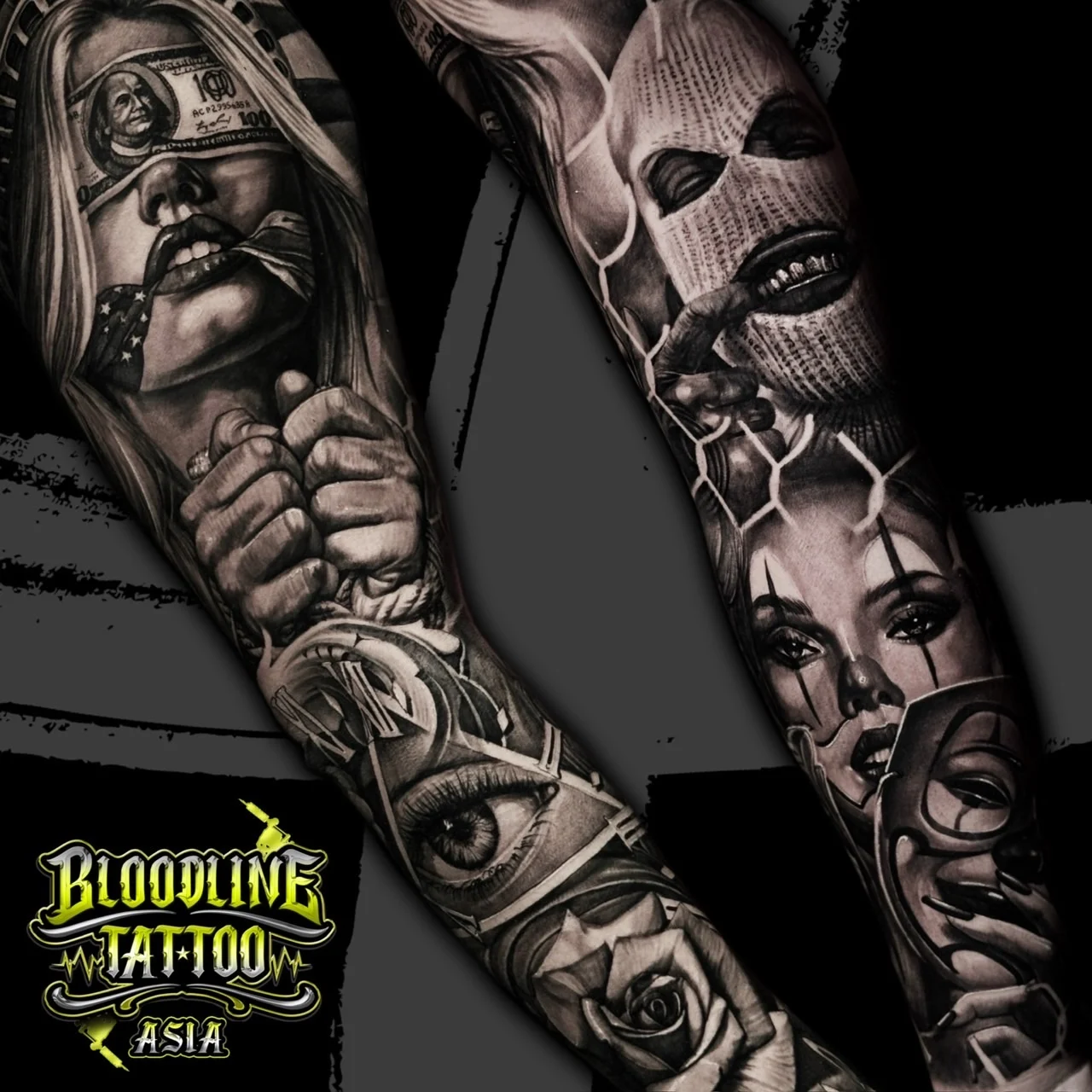 Black and grey Chicano twin sleeves with a money-blindfolded portrait, bound hands, all-seeing eye, rose, balaclava figure, and payasa girl at Bloodline Tattoo Bangkok.