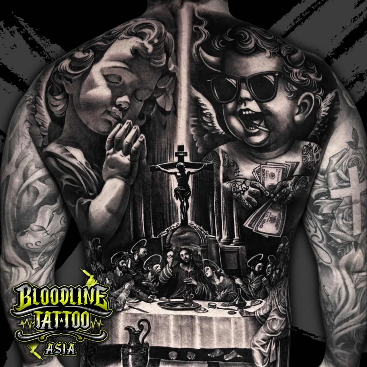Massive black and grey Chicano back tattoo with praying and gangster cherubs, illuminated crucifix, Last Supper scene, roses, and cross at Bloodline Tattoo Bangkok.