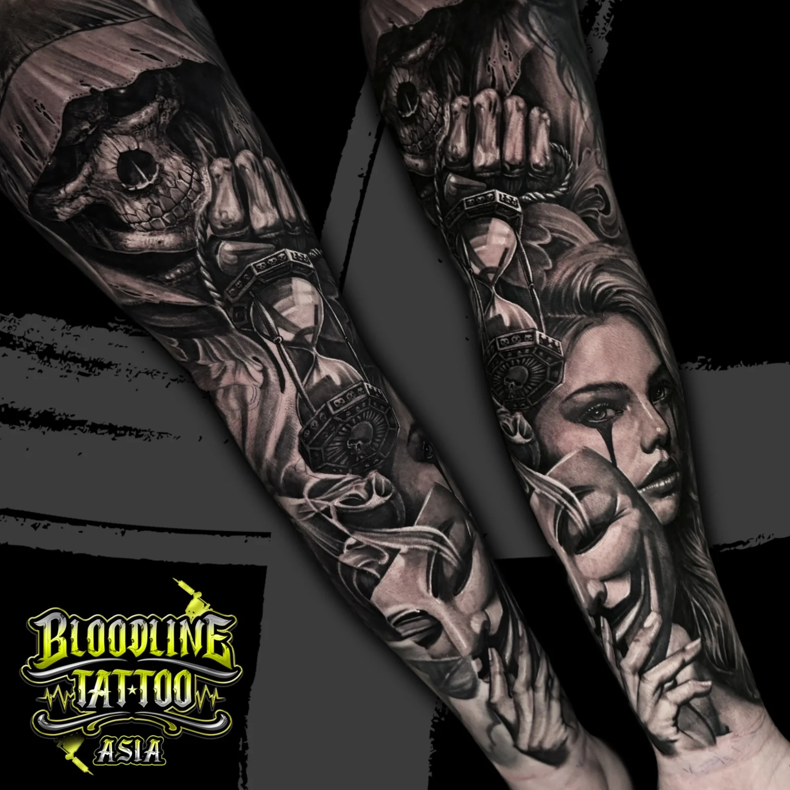 Detailed black and grey Chicano sleeve tattoo with hooded Grim Reaper, ornate hourglass, payasa portrait, and drama mask at Bloodline Tattoo Bangkok.