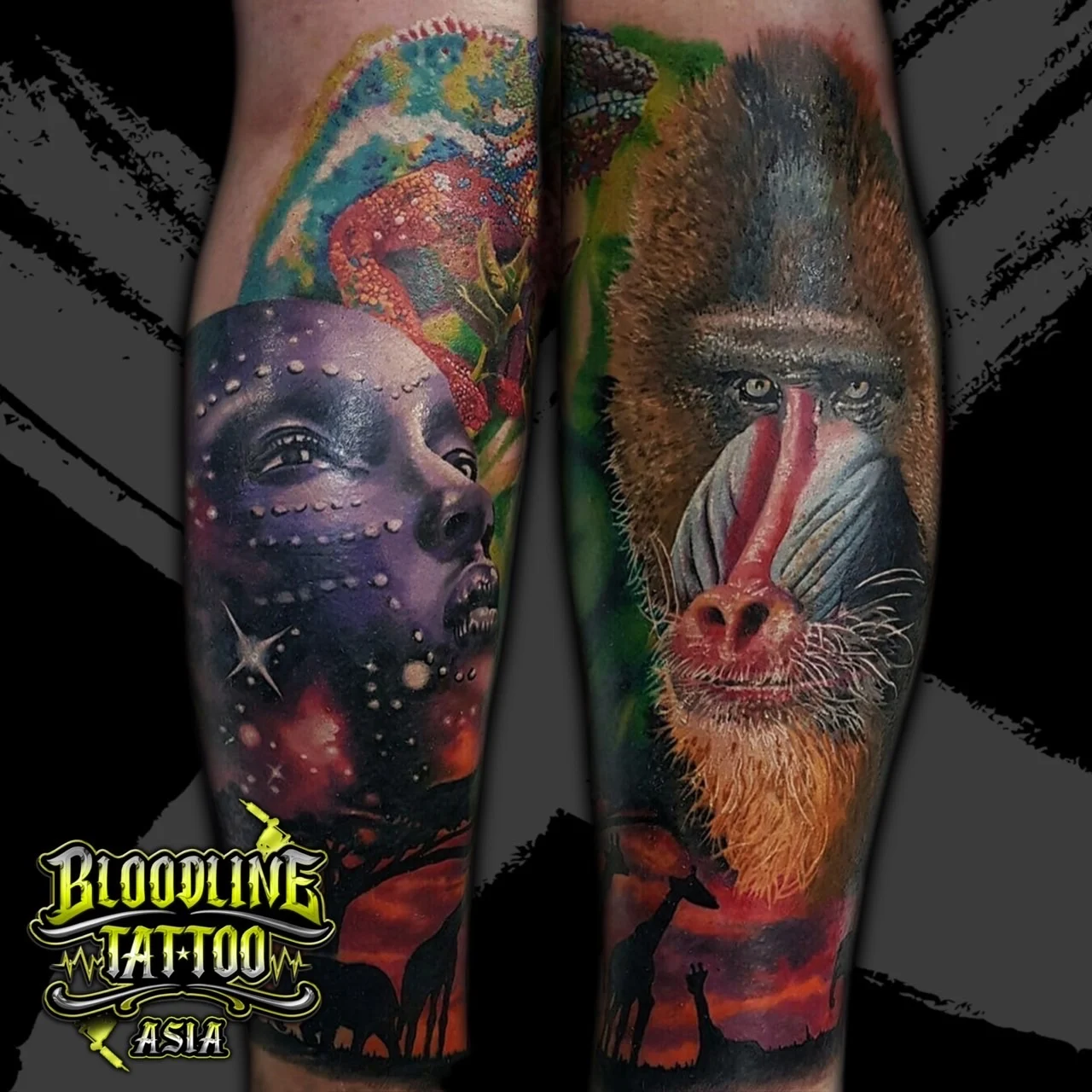 Colour matching calf tattoos with a chameleon, cosmic face, mandrill portrait, and African savanna sunset silhouettes at Bloodline Tattoo Bangkok.