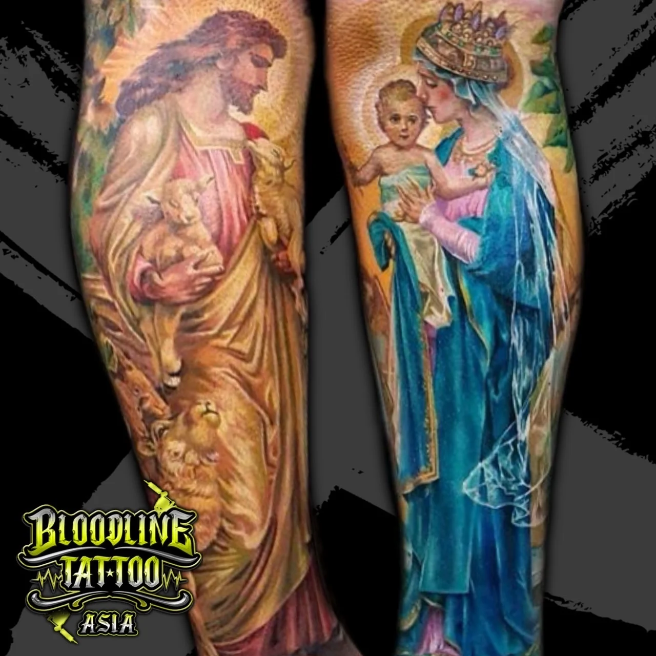 Colour religious lower leg tattoos of Jesus as the Good Shepherd and the Virgin Mary holding the infant Jesus at Bloodline Tattoo Bangkok.
