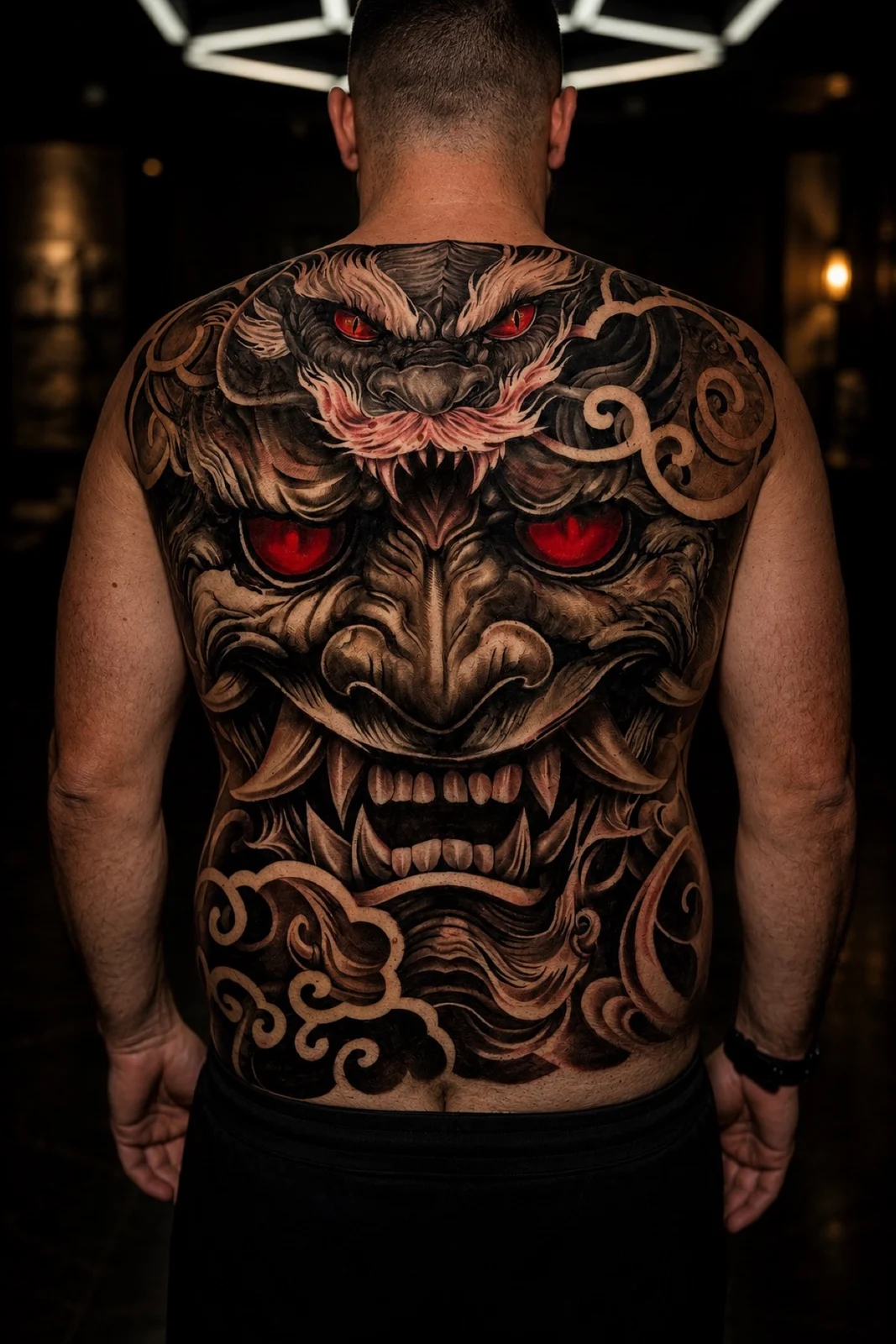 Japanese full-back oni or Hannya tattoo with glowing red eyes and cloud swirls at Bloodline Tattoo Bangkok