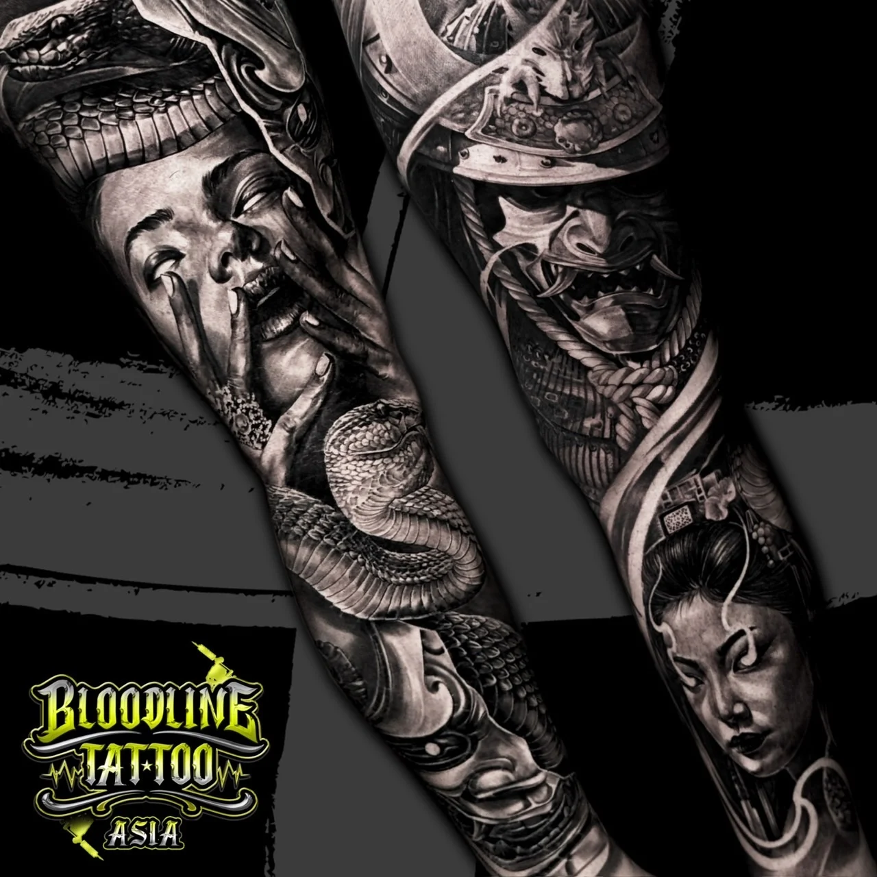 Black and grey Japanese realism sleeve tattoos with samurai armor, Hannya masks, coiled snakes, and female portraits at Bloodline Tattoo Bangkok.