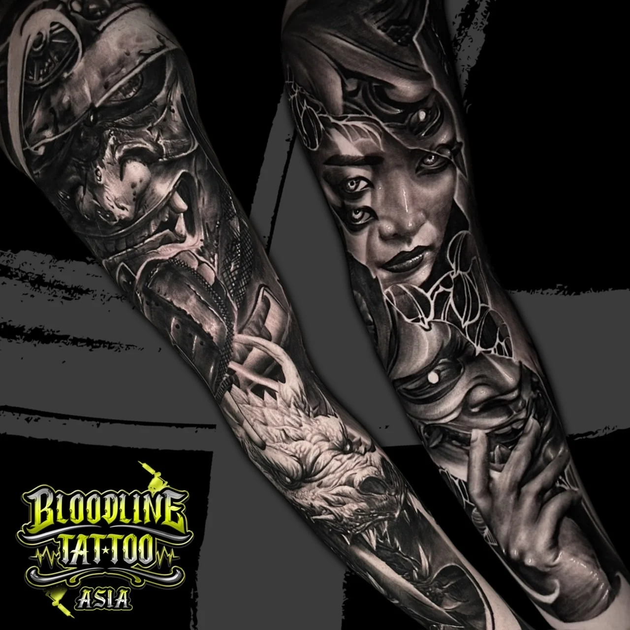 Black and grey Japanese realism sleeves with Hannya masks, dragon head, and surreal four-eyed woman portrait at Bloodline Tattoo Bangkok.