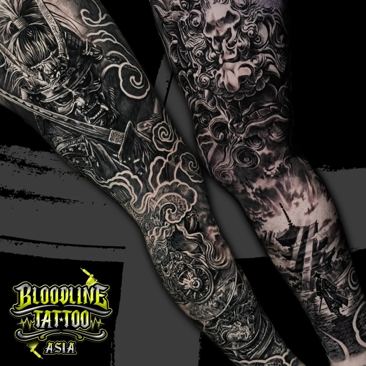 Black and grey Japanese sleeve tattoos of a samurai with katana and Oni mask above a pagoda landscape at Bloodline Tattoo Bangkok.