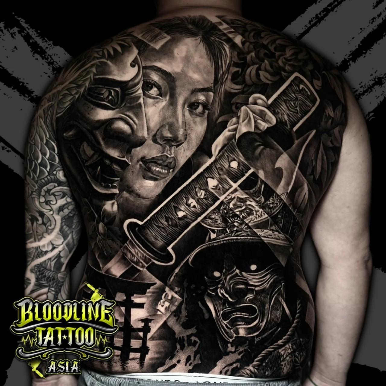 Black and grey Japanese full back tattoo with woman portrait, Hannya mask, katana, samurai, and torii gate at Bloodline Tattoo Bangkok.