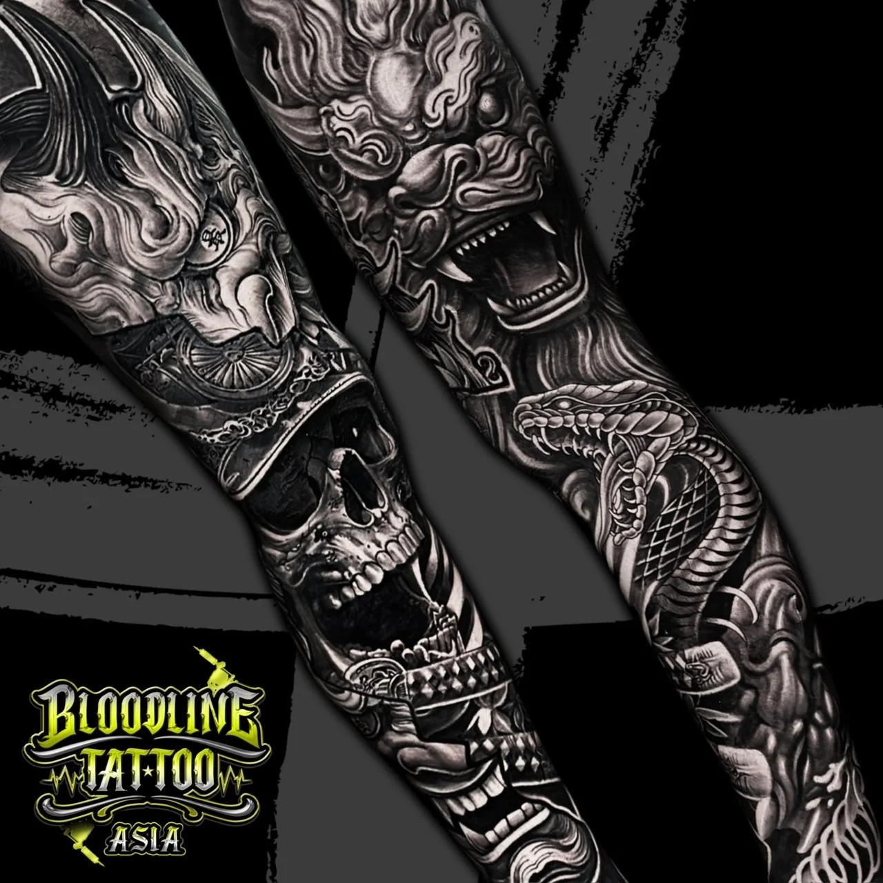 Black and grey Japanese full sleeves with Foo Dog, samurai skull in kabuto, cobra, and Hannya mask at Bloodline Tattoo Bangkok.