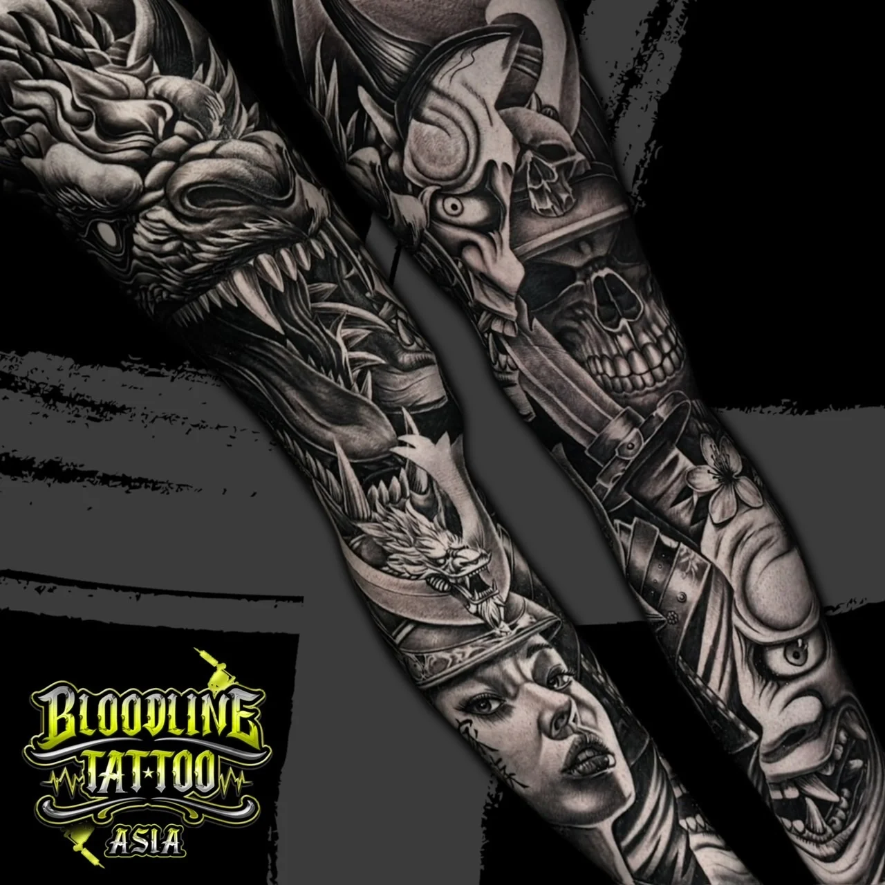 Black and grey Japanese sleeve tattoos with dragon head, woman in kabuto, Hannya masks, skull, and katana at Bloodline Tattoo Bangkok.