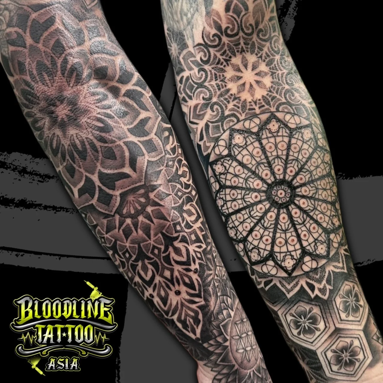 Dual full sleeves with overlapping mandalas, rose-window geometry, and honeycomb hex florals in stippled dotwork, at Bloodline Tattoo Bangkok.