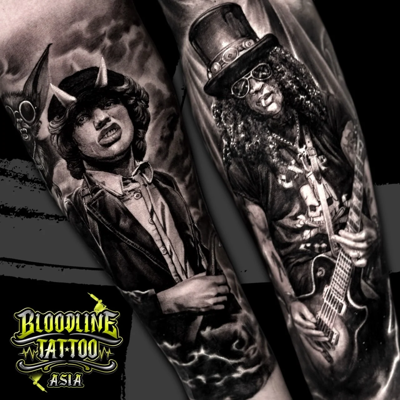 Black and grey portrait realism forearm tattoos of Angus Young in schoolboy uniform with devil horns and Slash in top hat playing a Les Paul at Bloodline Tattoo Bangkok.