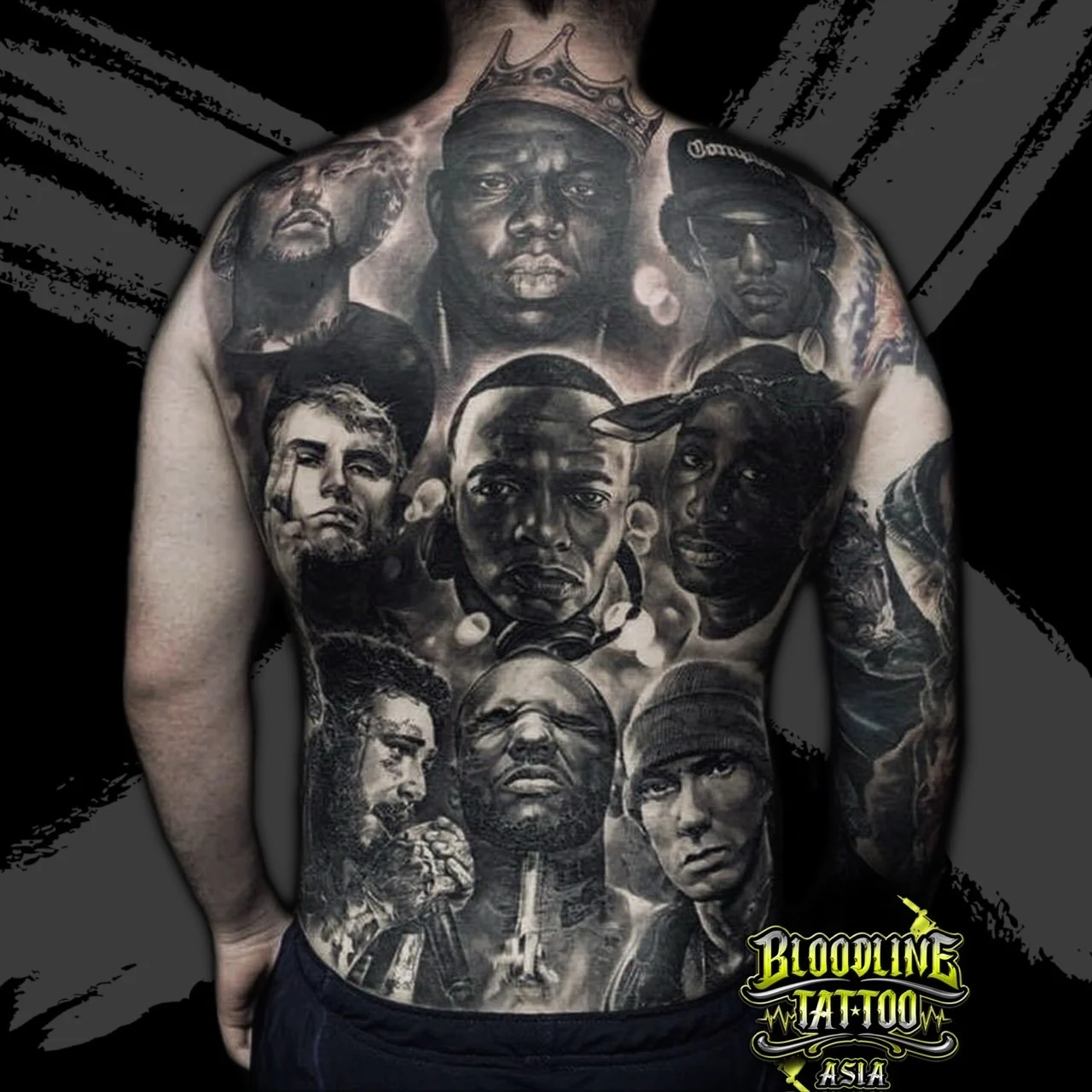 Black and grey portrait realism full back collage of hip-hop legends including Biggie Smalls, Tupac, Eminem, 50 Cent, and Post Malone at Bloodline Tattoo Bangkok.