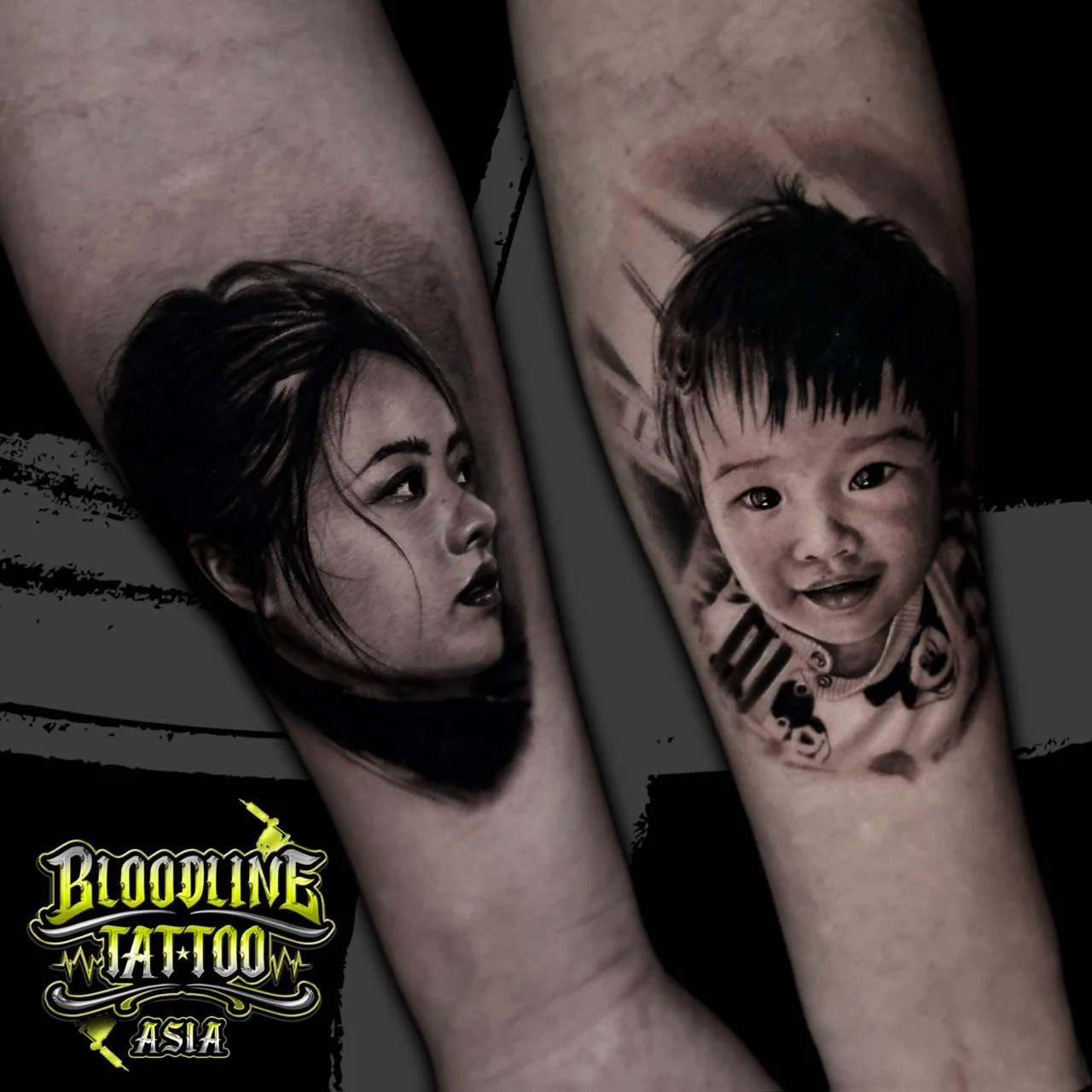 Matching black and grey portrait realism forearm tattoos of a woman in profile and a smiling young child in a collared shirt at Bloodline Tattoo Bangkok.