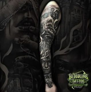 A black and grey realism full arm sleeve with blindfolded and front-facing women's portraits, an ornate clock tower, and ethereal smoke highlights, at Bloodline Tattoo Bangkok.